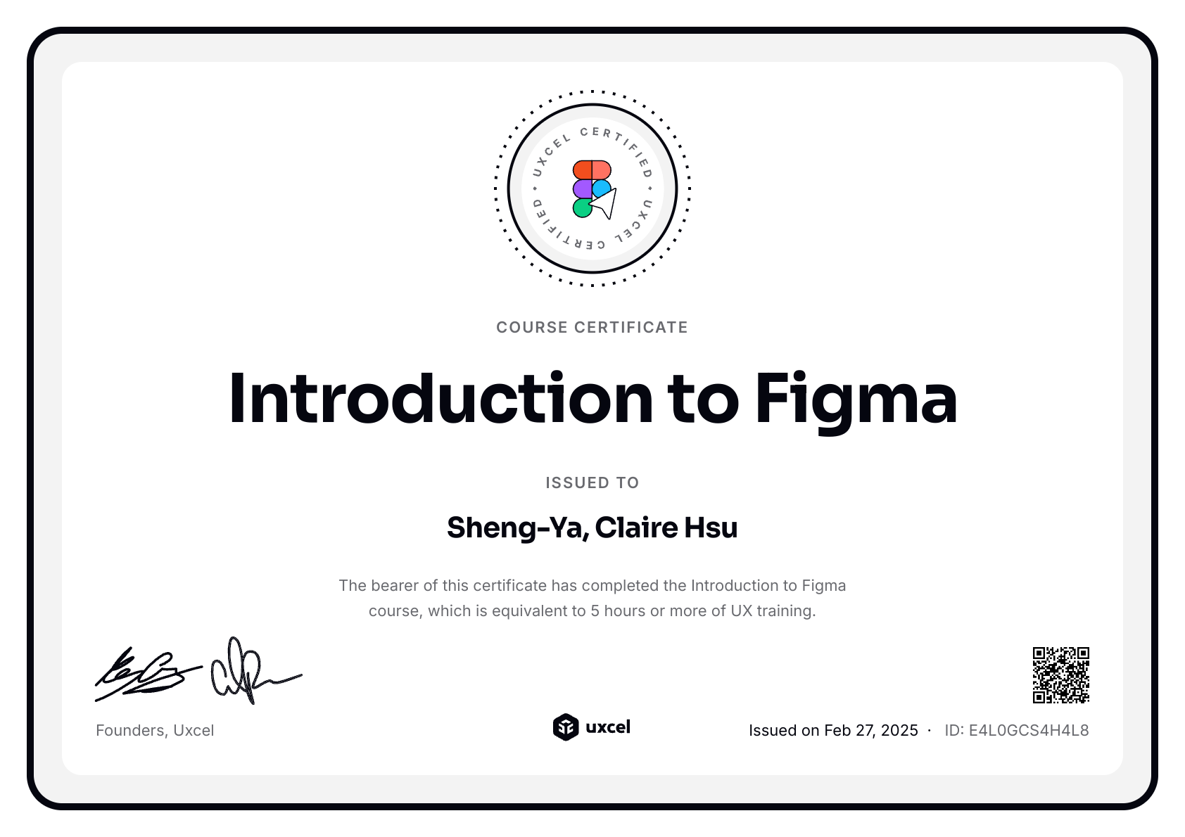 Sheng-Ya, Claire Hsu's certificate